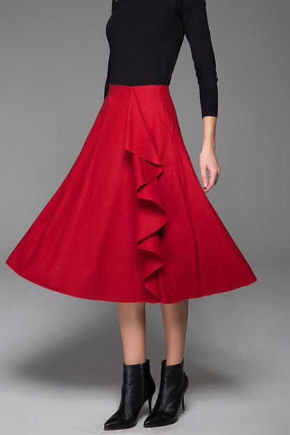 Wine Red Wool Midi Skirt - Floral Lace Detail with Side Pockets 1431