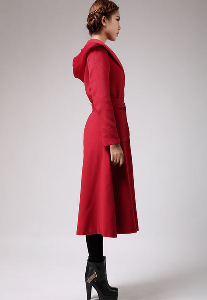 Vintage Wool Coat for Women – Handmade Red Hooded Swing A-Line Winter Coat | Xiaolizi 0714