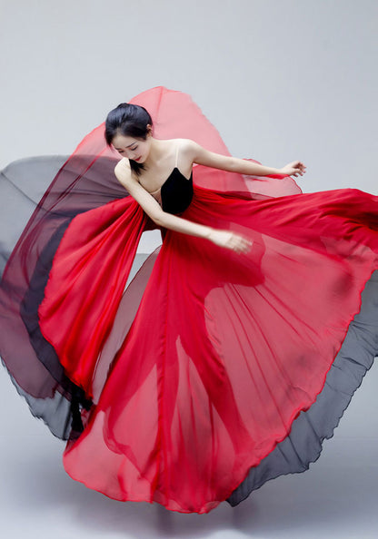 Red Chiffon Reversible Maxi Skirt - Big Swing, Elastic Waistband 2927