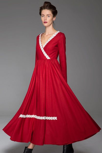 Red Wool Maxi Dress - Deep V Neckline and Fitted Waist 1444