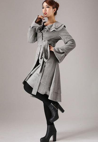 Wool Ruffled Coat – Women’s Vintage Belted Layered Hem Jacket 0763