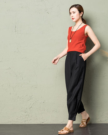 Rust Red Linen Cotton Wide Leg Pants - Back Elastic Waist Comfort 2607