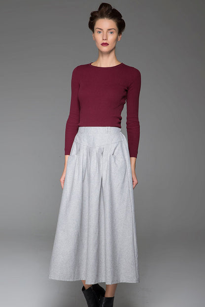 Gray Wool Maxi Skirt - Pleated High Waist with Side Pockets 1441