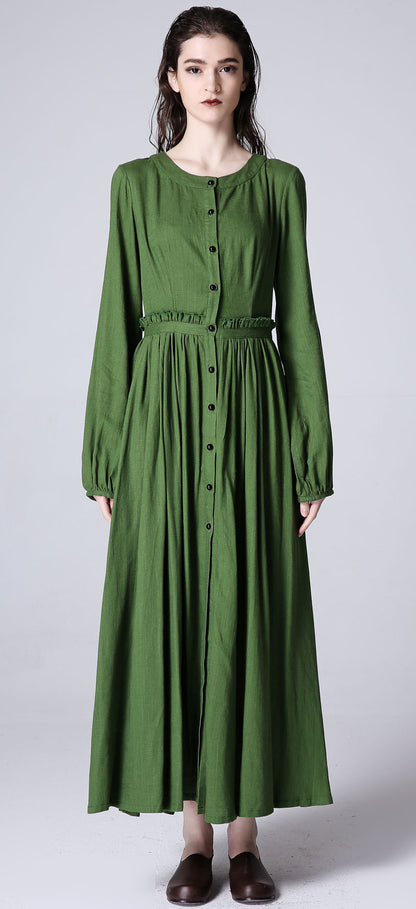 Forest Green Linen Maxi Dress - Long Sleeve Formal | Xiaolizi 1185