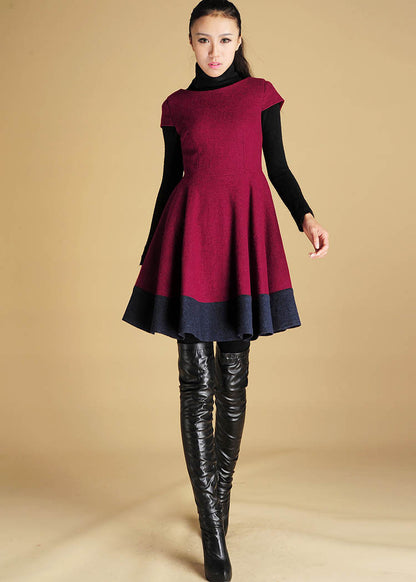Burgundy Wool Mini Dress - Fit-and-Flare Silhouette with Color Block 427