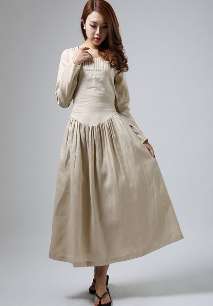 Beige Cotton Linen Maxi Dress - Pleated Front with Adjustable Waist 801