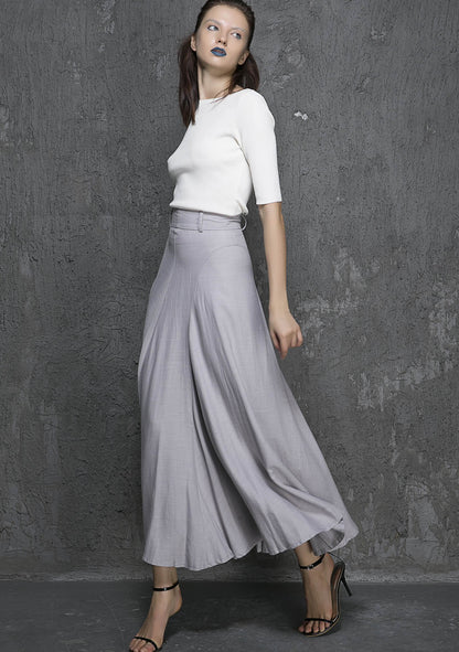 Light Grey Linen Cotton Maxi Skirt - Flowy Ankle Length 1333