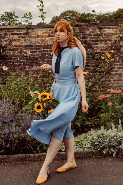 Minimalist Linen Blend Midi Dress – Elegant Fit and Flare Summer Dress  971