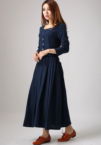 Blue Linen Maxi Dress - Button Front Pleated Waist | Xiaolizi 881