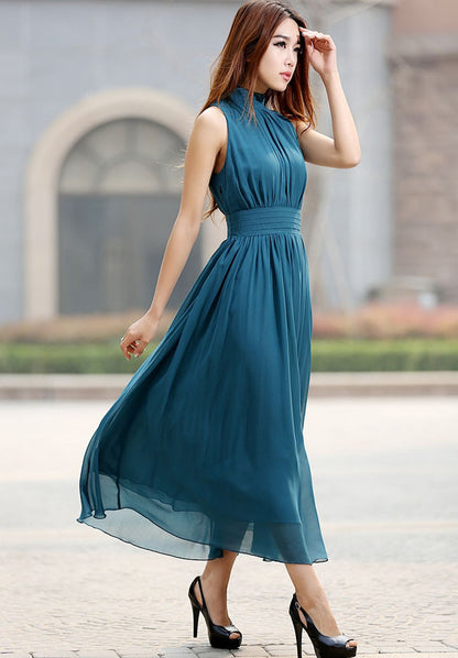 Sleeveless Chiffon Dress – Blue Pleated Waist Midi Dress  918