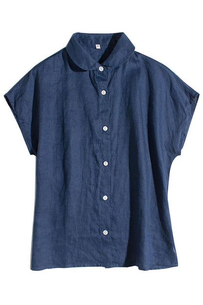 Beige Linen Shirt Top - Loose Fit Short Sleeve Button-Up 3654