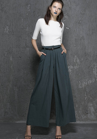 Green Linen Cotton Palazzo Pants - Wide Leg Ankle | Xiaolizi 1338