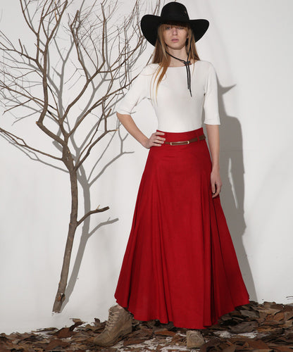 Red Linen Blend A-Line Maxi Skirt - Pleated Ankle Length 1154