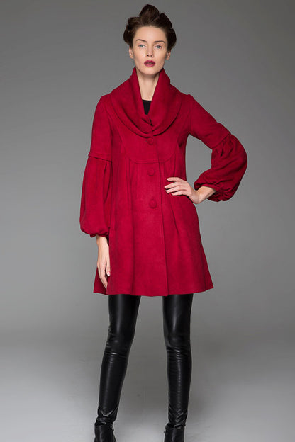 Red Wool Blend Coat – Handmade Oversized Collar Vintage Winter Elegance 1426