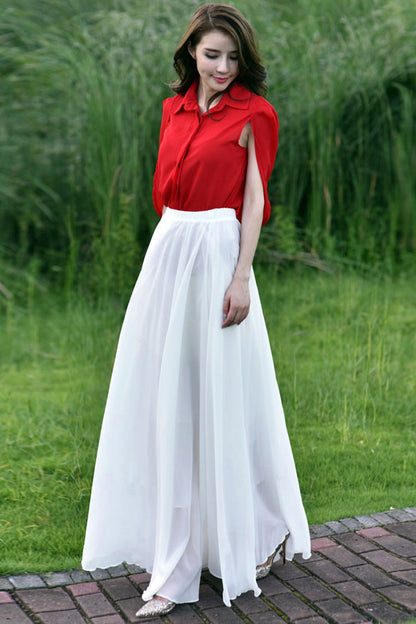 White Chiffon Long Swing Skirt - High Waist Elastic Closure 2946