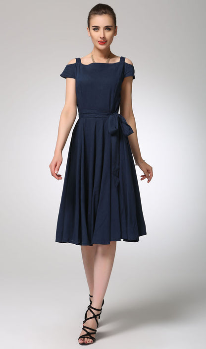 Navy Linen Midi Dress - Pleated Skirt, Fitted Waist 1262