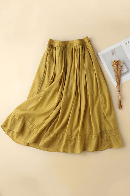 White Linen Maxi Skirt - Elastic Waist A-Line Flowing Design 3590