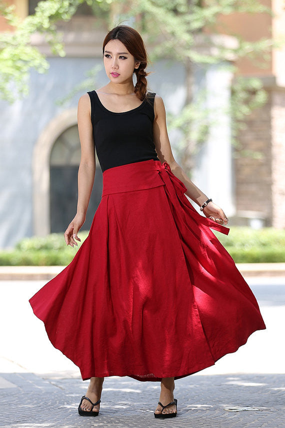 Long red wrap outlet skirt