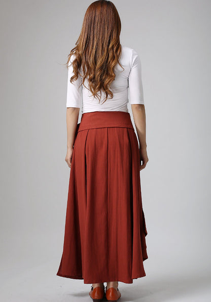 Red Linen Wrap Skirt - Pleated Waist Tie Detail 908