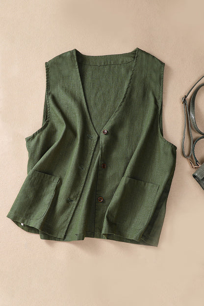 Beige Linen Cotton Vest - Vintage Inspired V-Neck Sleeveless 3645