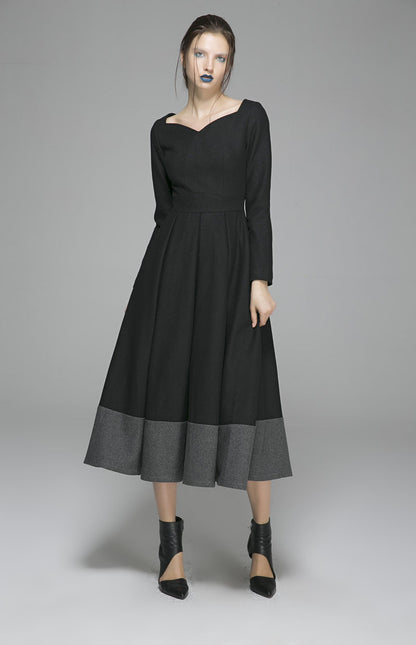 Handmade Wool Winter Dress – Black & Gray Color-Block Midi | Xiaolizi  1359
