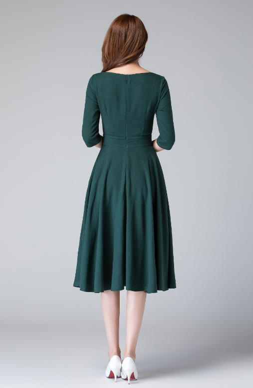 Dark Green Linen Midi Dress Handmade Cottagecore Fit & Flare Summer Dress | Xiaolizi Dark Green Linen Midi Dress Handmade Cottagecore Fit & Flare Summer Dress | Xiaolizi