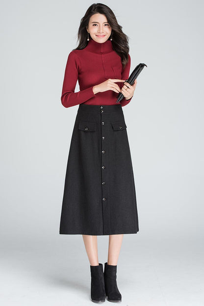 Black Wool Midi Skirt - A-Line High Waist Silhouette S012