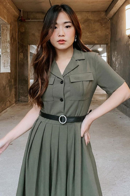 Green Cotton Linen Midi Shirt Dress - Belted Waistband 3726