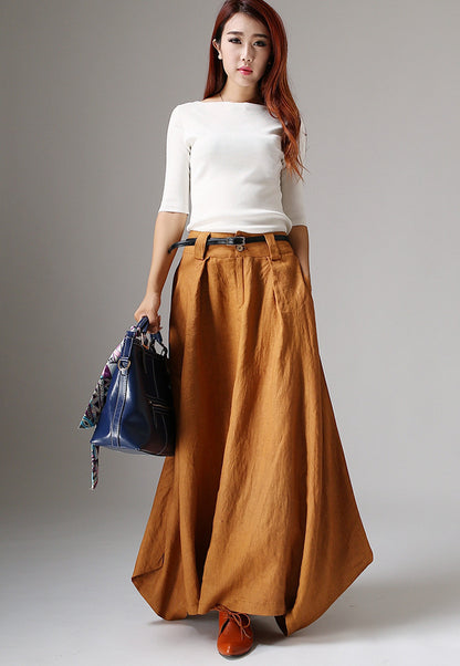 Women’s Handmade Linen Maxi Skirt – Brown Asymmetrical Bohemian Skirt | Xiaolizi 1042