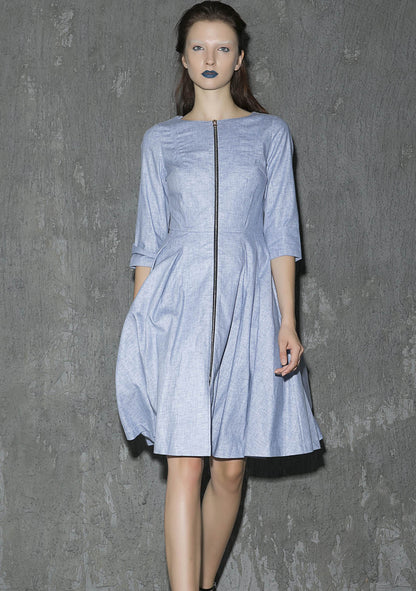 Light Blue Linen Midi Dress - Pleated Flowy Fit with Round Collar 1312