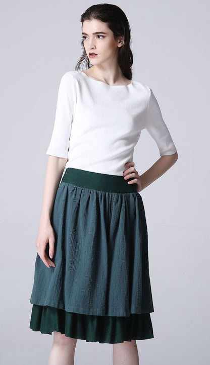 Green Linen Midi Skirt - Flared Silhouette with Layered Hem 1189