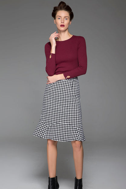 Black and White Wool Fishtail Skirt - Knee Length, Slim Fit 1439