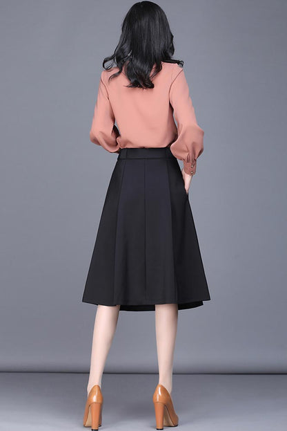 Black Polyester Knee-Length Skirt - High Waist A-Line Silhouette CYM316