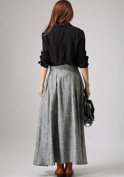 Grey Linen Cotton Maxi Skirt - Pleated A-Line Silhouette 886