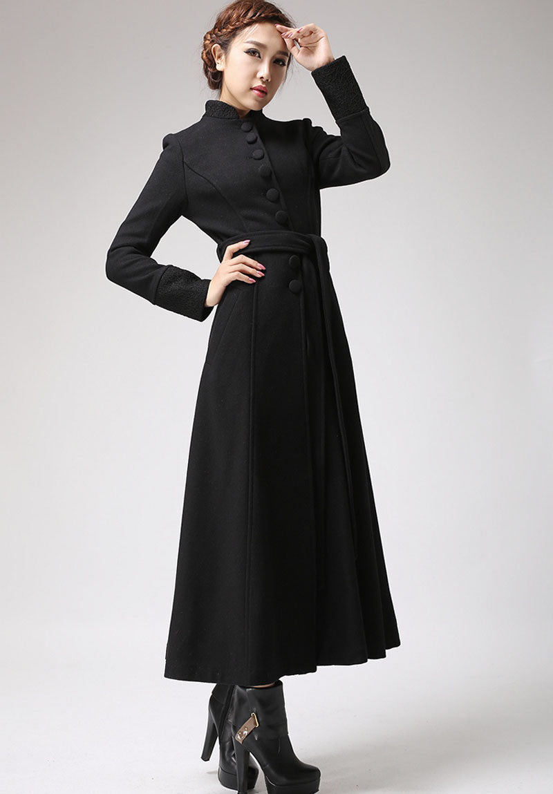 Long Black Dress Coat with Mandarin Collar 0717#