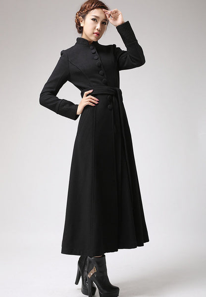 Handmade Black Wool Maxi Coat – Elegant Mandarin Collar Winter Overcoat with Belt | Xiaolizi  0717