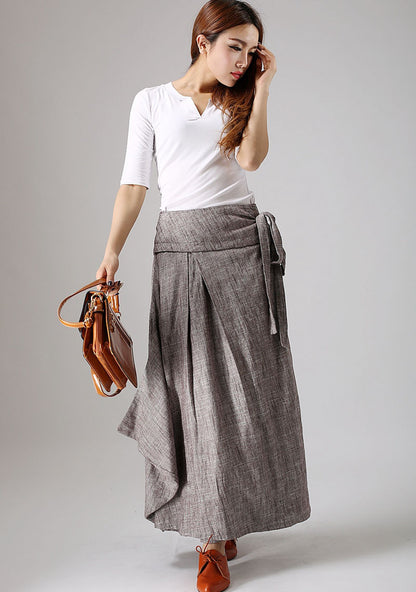 Gray Linen Cotton Wrap Maxi Skirt - Pleated Waist Tie Belt 872