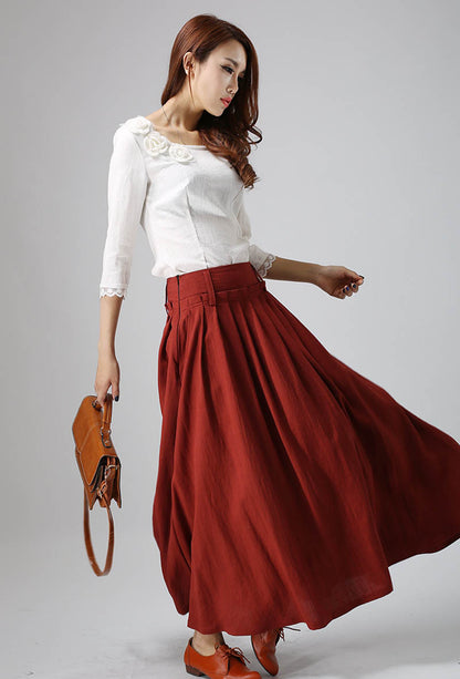 Red Linen Maxi Skirt - Pleated Waist, Ankle Length 816