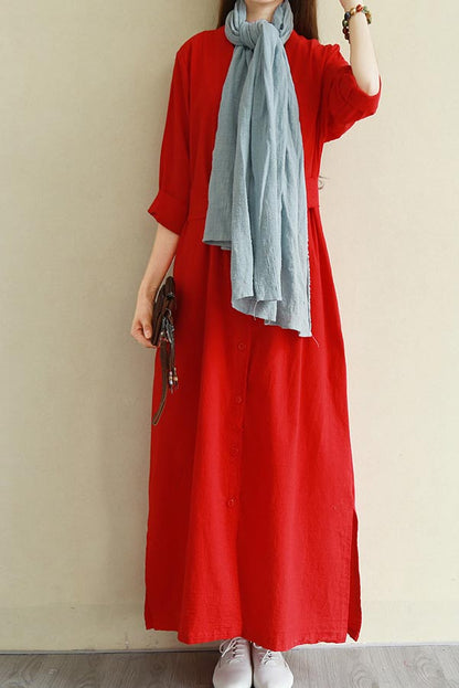 Yellow Linen Maxi Dress - V Neck Long Sleeve Loose Waist CYM341