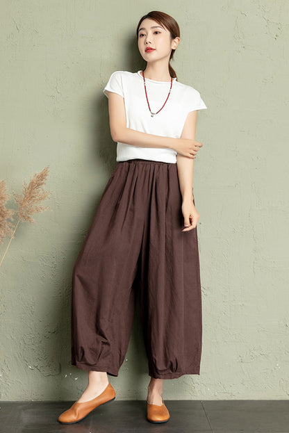 Linen Wide Leg Pants Women - High Waist Elastic | Xiaolizi 3406
