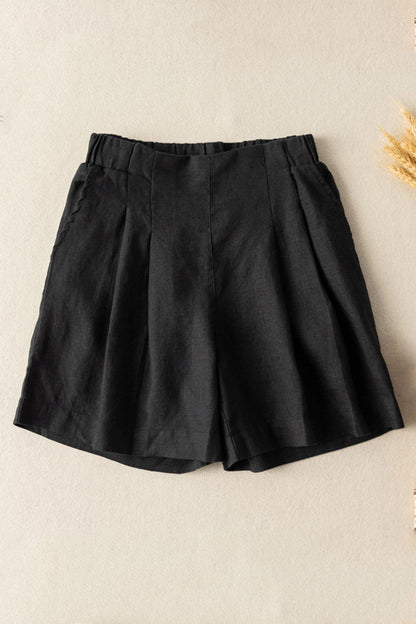 Yellow Cotton Linen Wide Leg Shorts - Loose Elastic Waist | Xiaolizi 3589