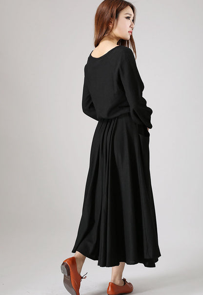 Black Linen Maxi Dress - Long Sleeve Round Neck | Xiaolizi 835