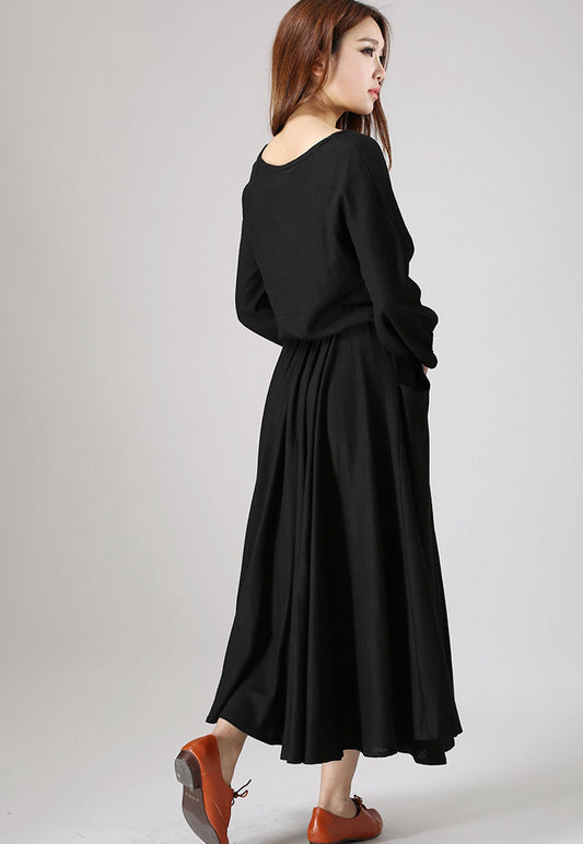 Black dress woman maxi linen dress long sleeve dress custom made casual dress 835#