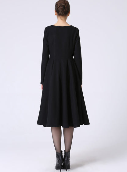 Black Wool Blend Fit-and-Flare Midi Dress - Keyhole Tie Neckline 1055