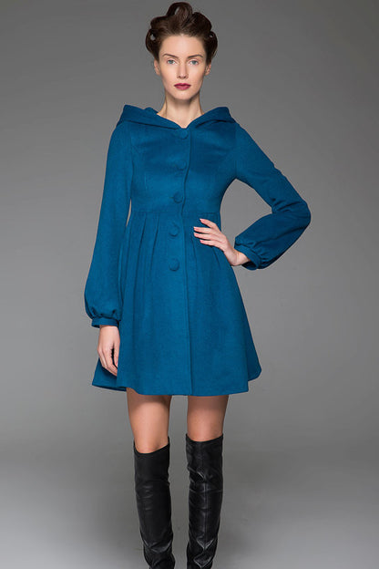 Handmade Wool Swing Coat – Blue Hooded Fit & Flare Winter Jacket | Xiaolizi 1419
