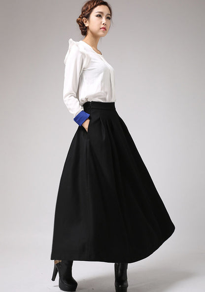 Black Wool Blend Maxi Skirt – Handmade High Waist Pleated Winter Elegance 0722