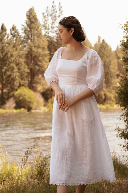 White Linen Midi Dress - Vintage Fit and Flare with Scoop Neck 2740