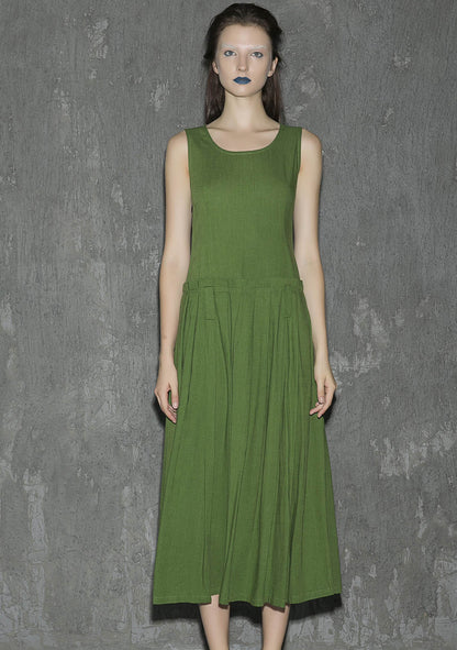 Green Linen Midi Dress - Sleeveless, Pleated Skirt 1317