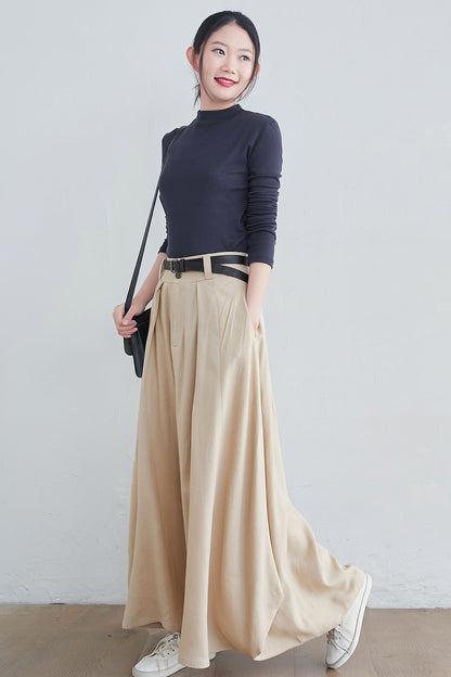 Beige Linen Cotton Maxi Skirt – Handmade A-Line Skirt with Pockets | Xiaolizi 2546