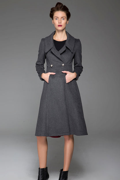 Dark Gray Wool Blend Coat – Handmade Belted Vintage Winter Elegance 1428